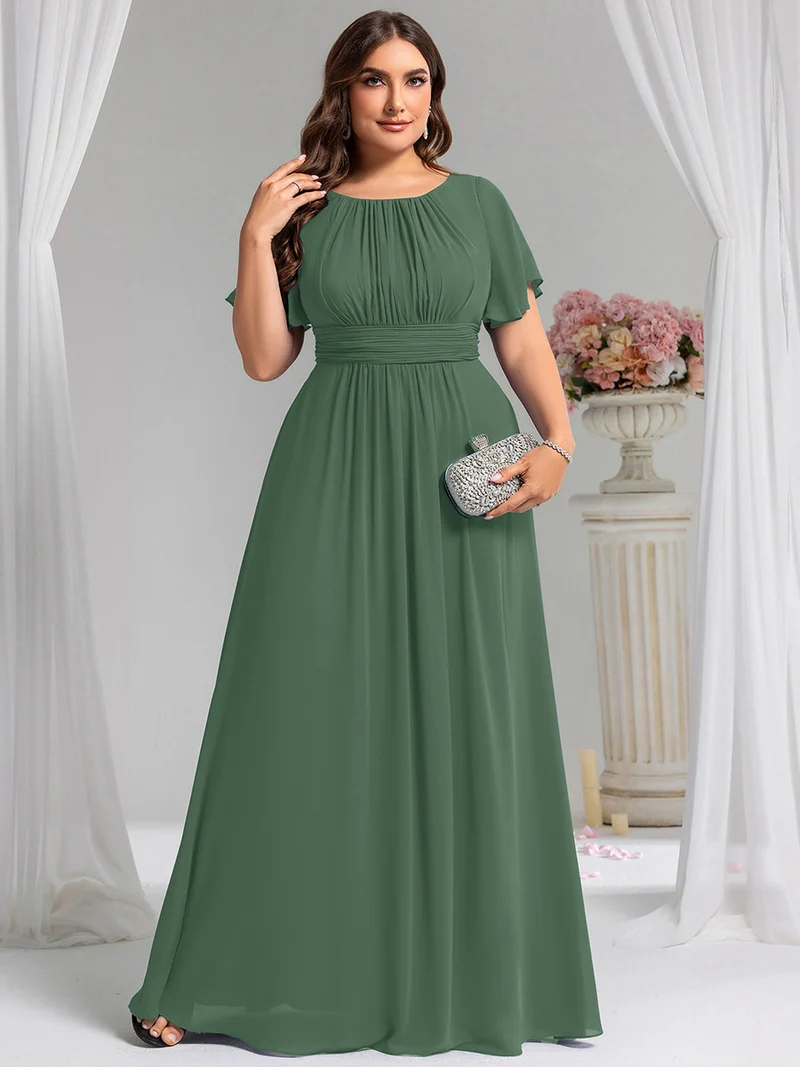 Robe de demoiselle d'honneur trapèze plissée en mousseline de soie simple, encolure ronde