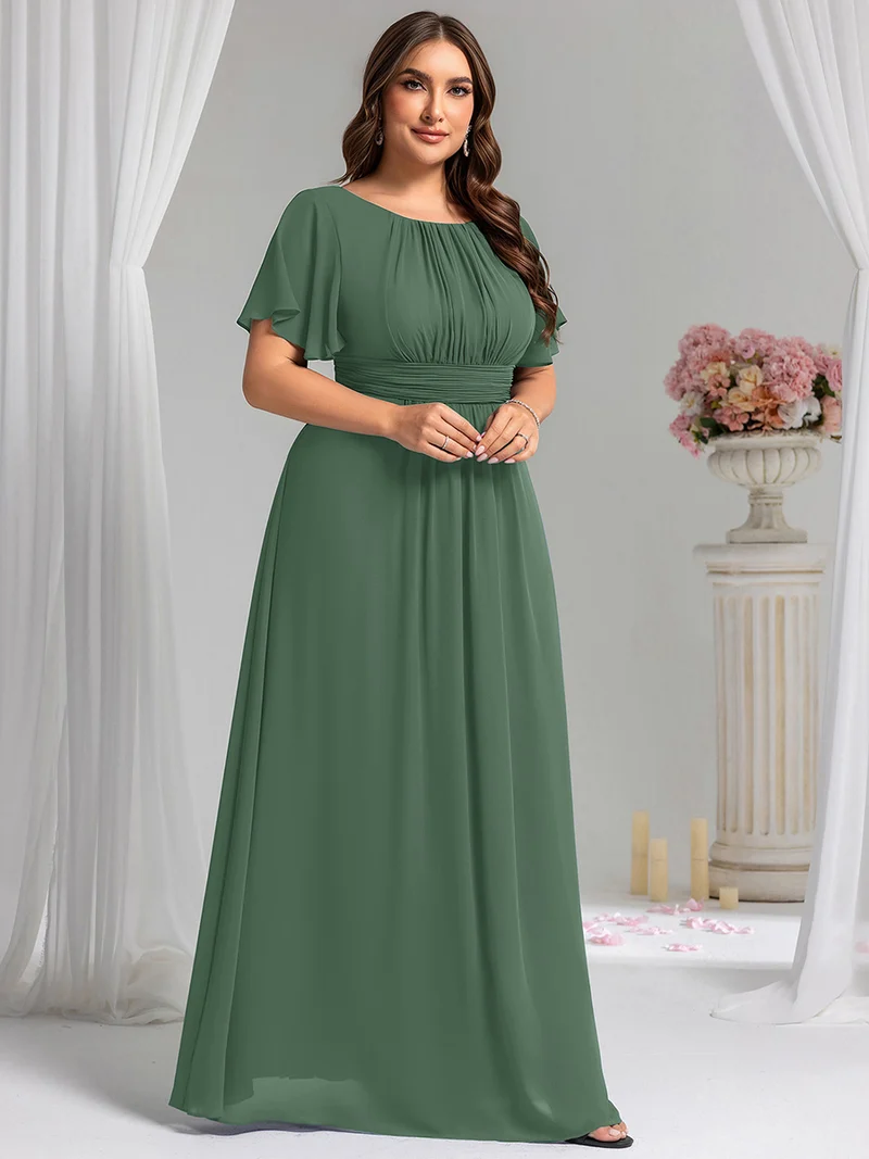 Robe de demoiselle d'honneur trapèze plissée en mousseline de soie simple, encolure ronde