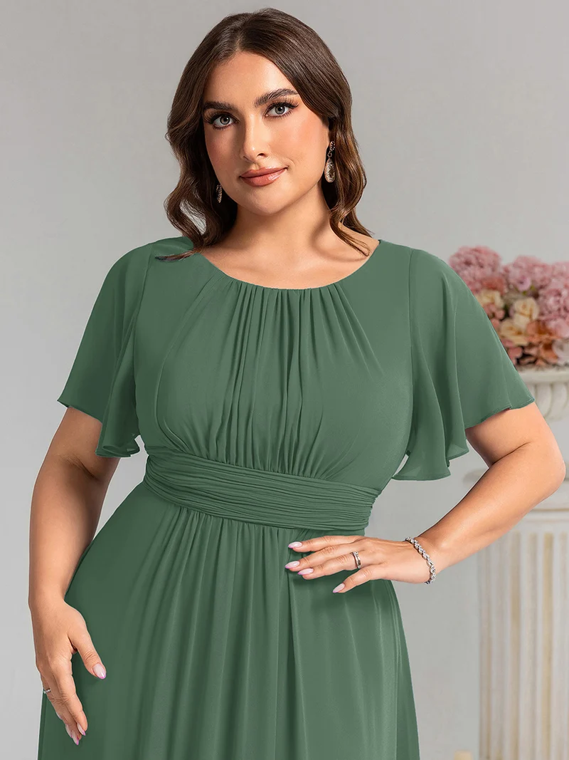 Robe de demoiselle d'honneur trapèze plissée en mousseline de soie simple, encolure ronde