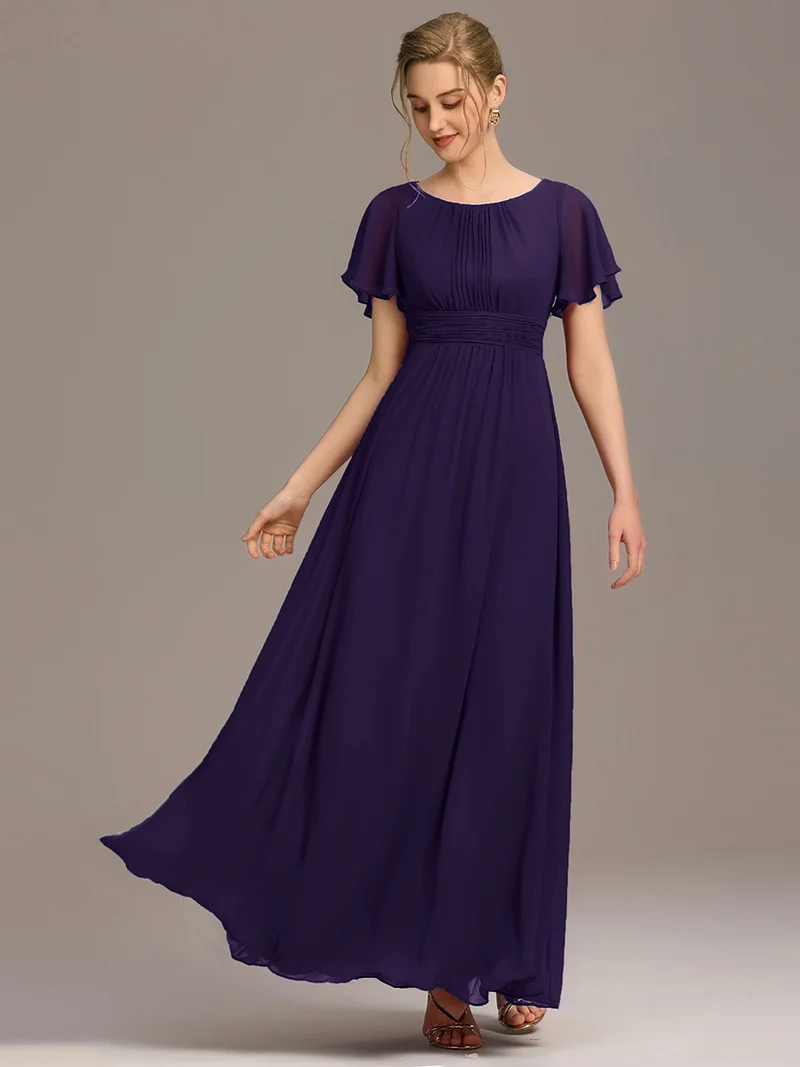 Robe de demoiselle d'honneur trapèze plissée en mousseline de soie simple, encolure ronde