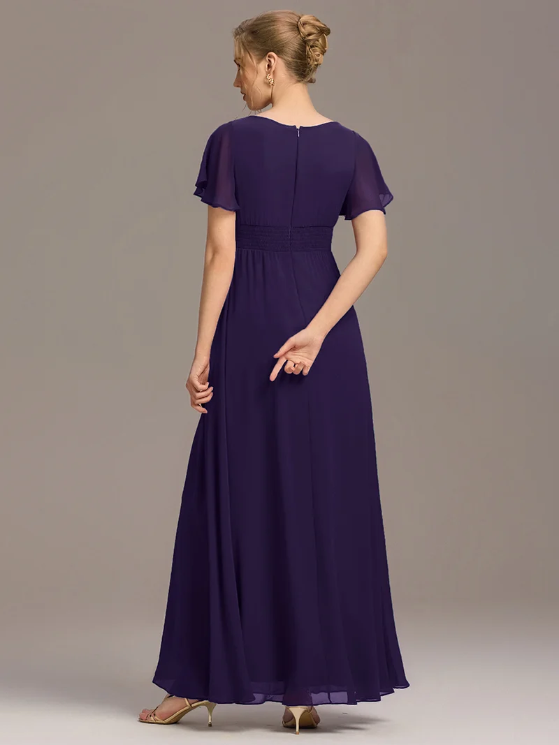Robe de demoiselle d'honneur trapèze plissée en mousseline de soie simple, encolure ronde