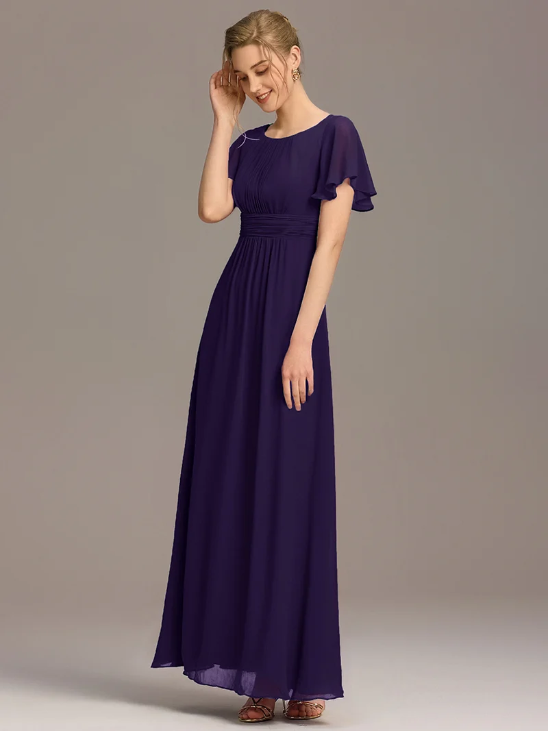 Robe de demoiselle d'honneur trapèze plissée en mousseline de soie simple, encolure ronde