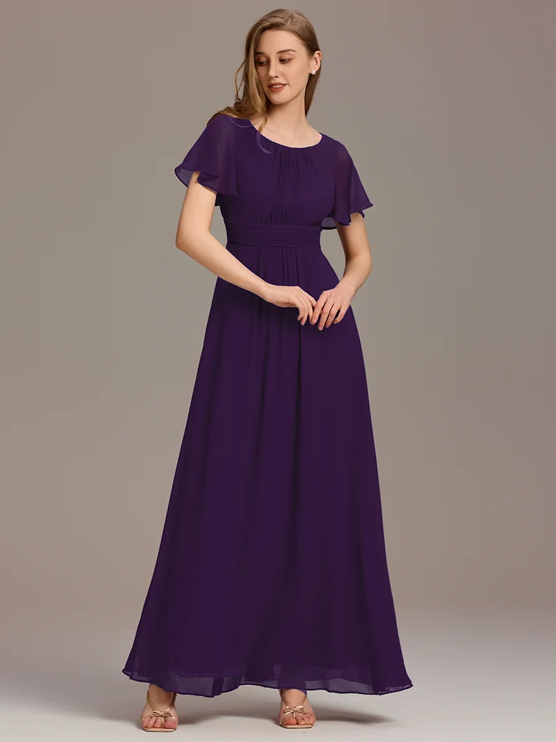 Robe de demoiselle d'honneur trapèze plissée en mousseline de soie simple, encolure ronde