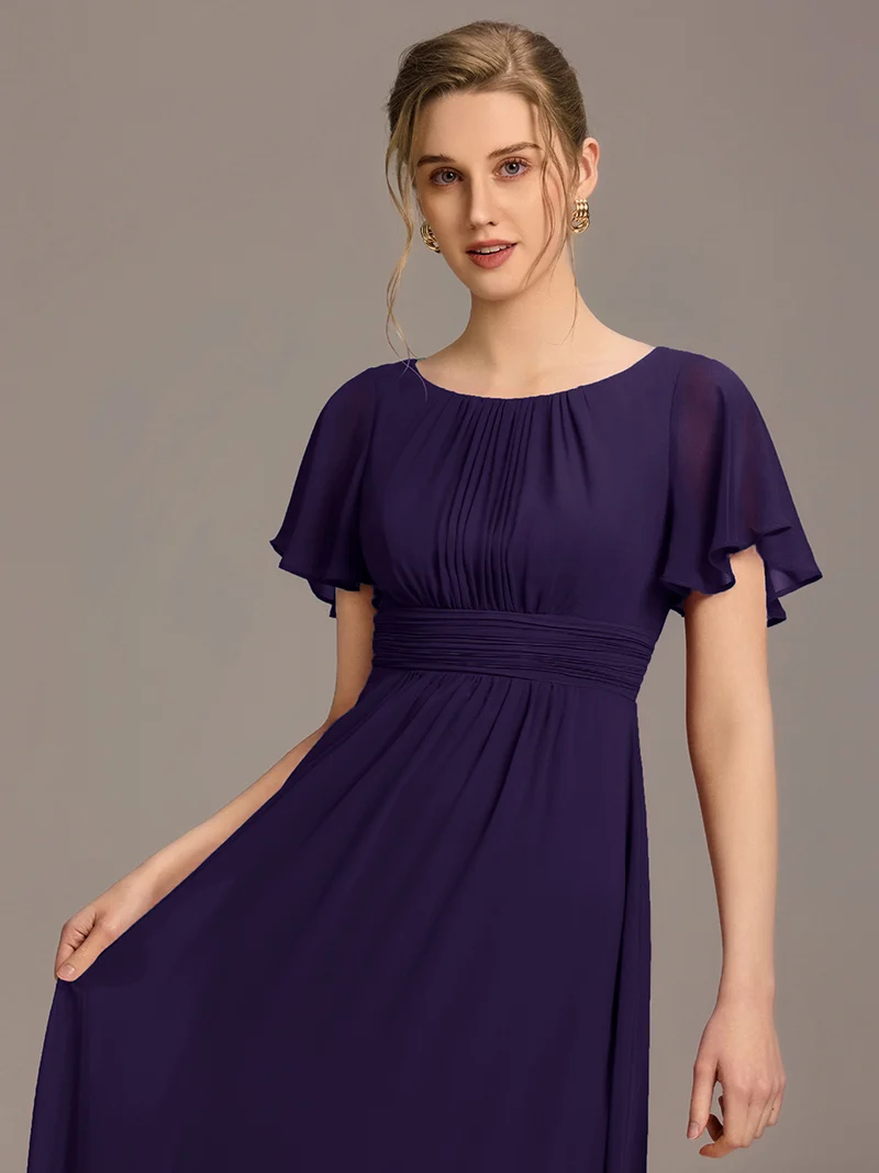 Robe de demoiselle d'honneur trapèze plissée en mousseline de soie simple, encolure ronde