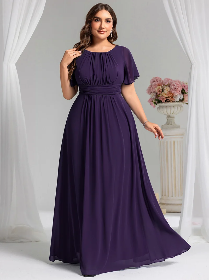 Robe de demoiselle d'honneur trapèze plissée en mousseline de soie simple, encolure ronde