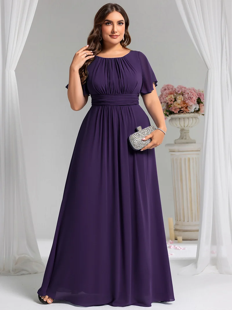 Robe de demoiselle d'honneur trapèze plissée en mousseline de soie simple, encolure ronde