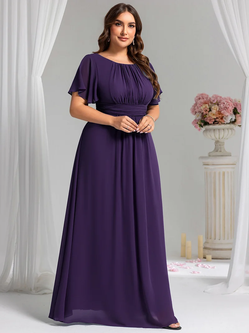 Robe de demoiselle d'honneur trapèze plissée en mousseline de soie simple, encolure ronde