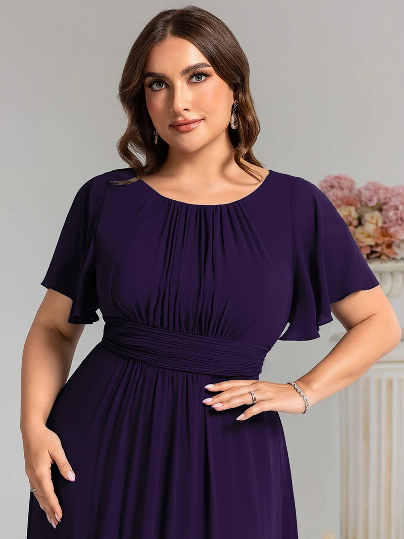 Robe de demoiselle d'honneur trapèze plissée en mousseline de soie simple, encolure ronde