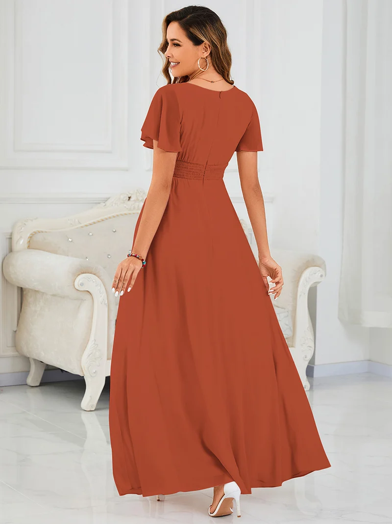 Robe de demoiselle d'honneur trapèze plissée en mousseline de soie simple, encolure ronde