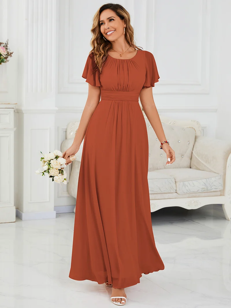 Robe de demoiselle d'honneur trapèze plissée en mousseline de soie simple, encolure ronde