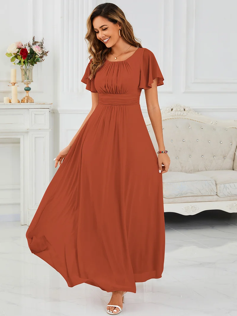 Robe de demoiselle d'honneur trapèze plissée en mousseline de soie simple, encolure ronde