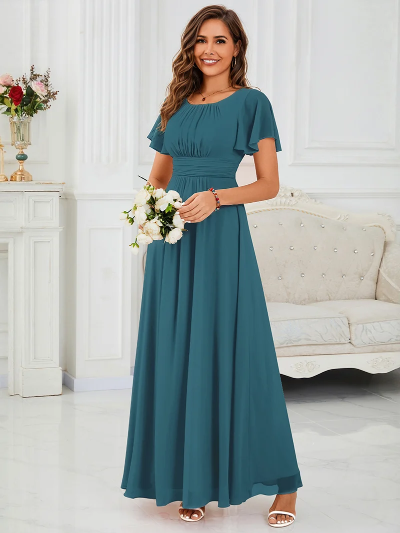 Robe de demoiselle d'honneur trapèze plissée en mousseline de soie simple, encolure ronde