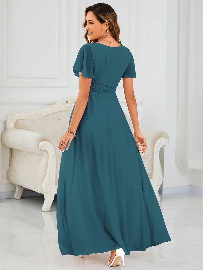 Robe de demoiselle d'honneur trapèze plissée en mousseline de soie simple, encolure ronde