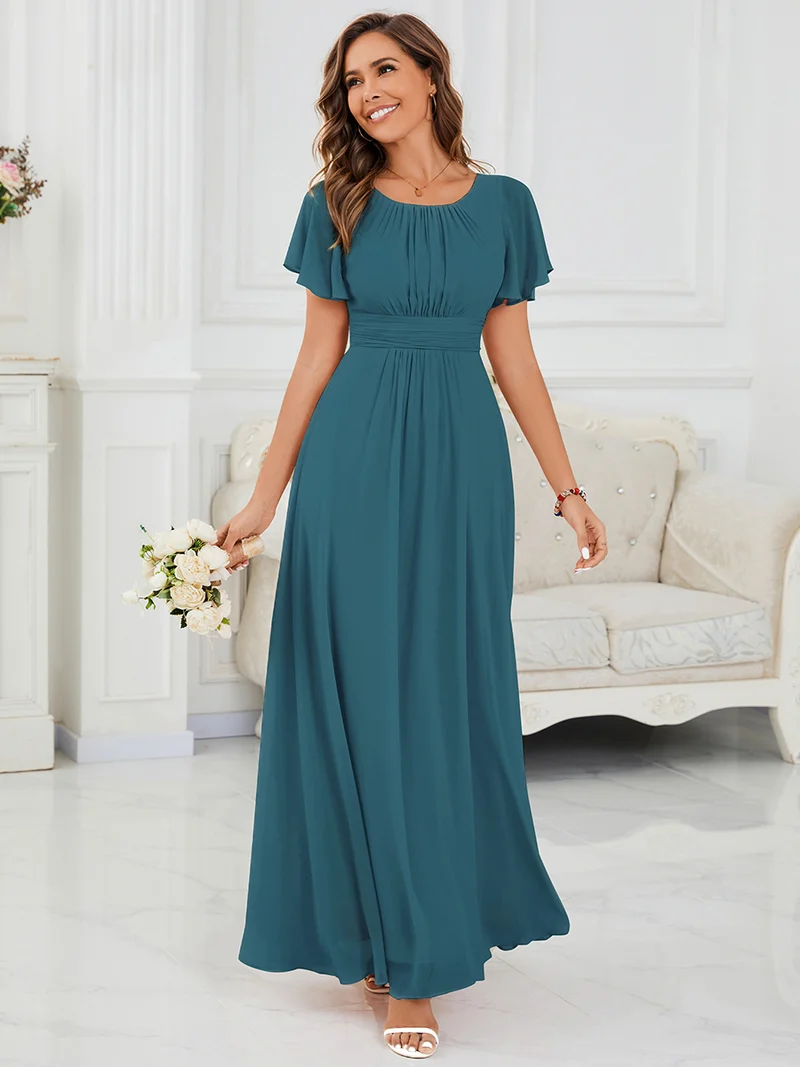 Robe de demoiselle d'honneur trapèze plissée en mousseline de soie simple, encolure ronde