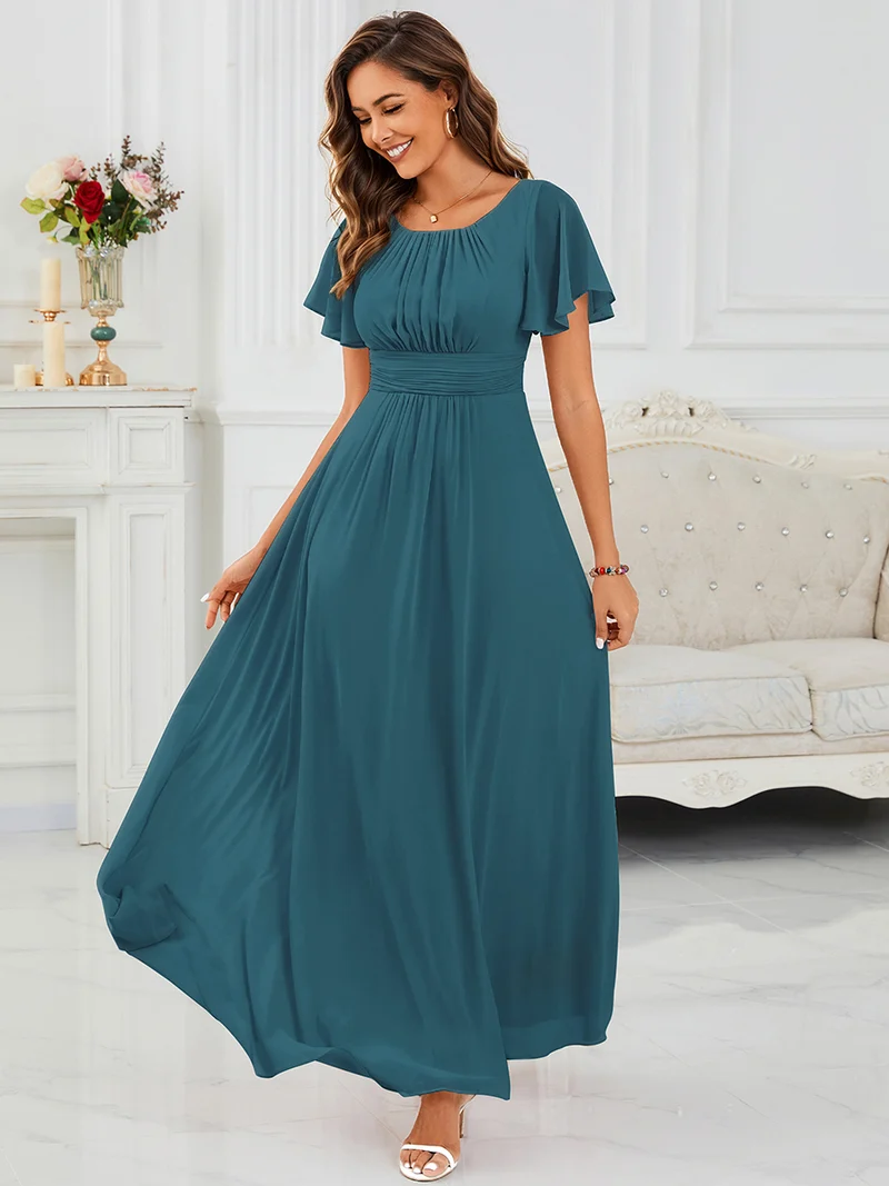 Robe de demoiselle d'honneur trapèze plissée en mousseline de soie simple, encolure ronde