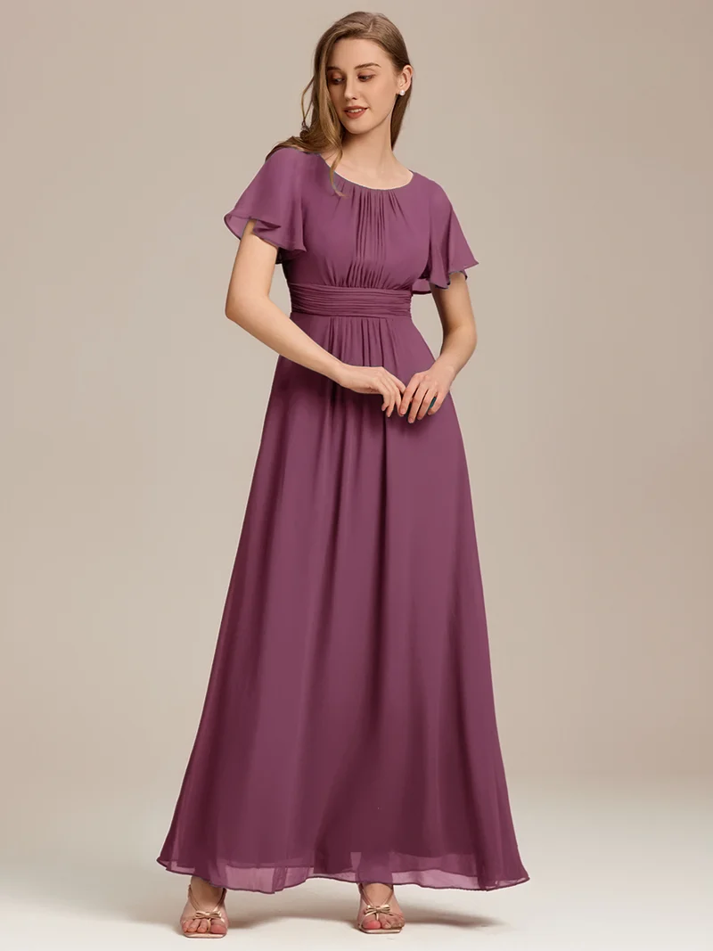 Robe de demoiselle d'honneur trapèze plissée en mousseline de soie simple, encolure ronde