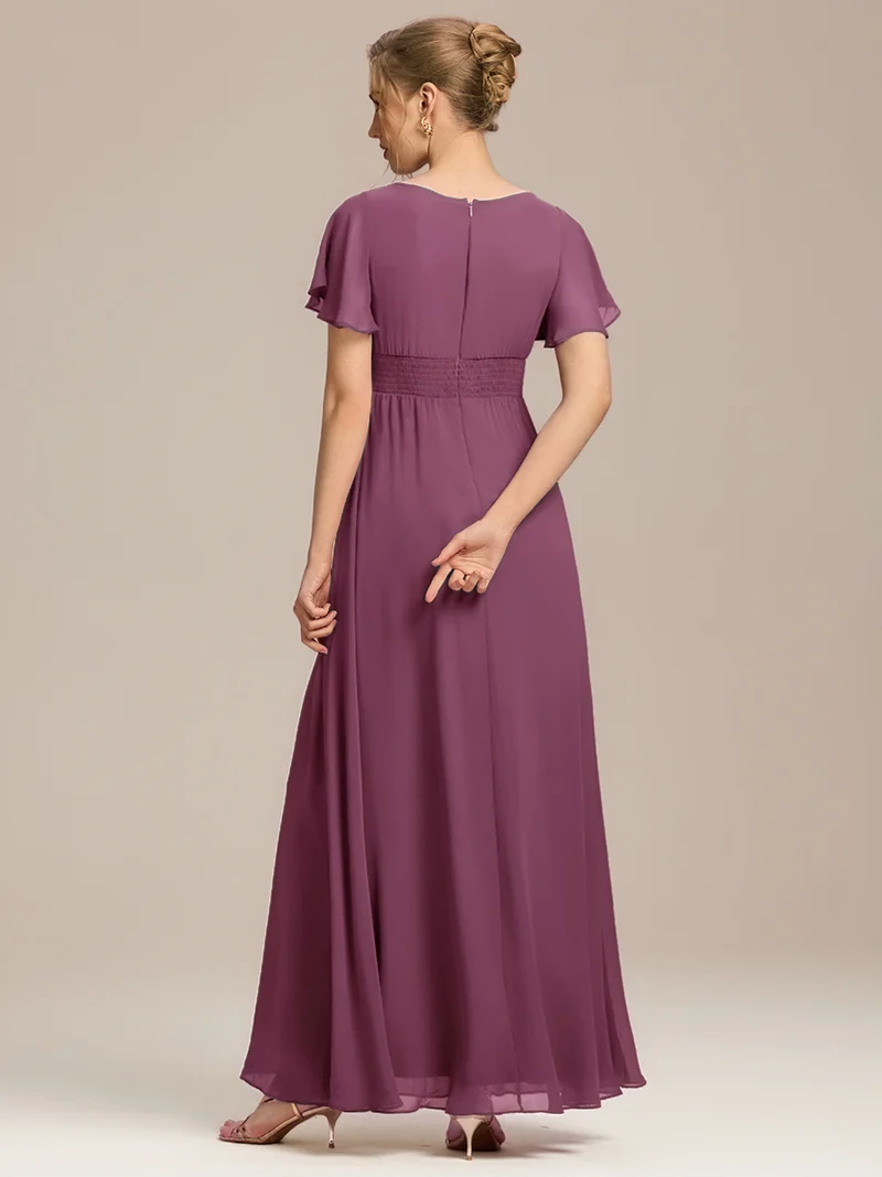 Robe de demoiselle d'honneur trapèze plissée en mousseline de soie simple, encolure ronde