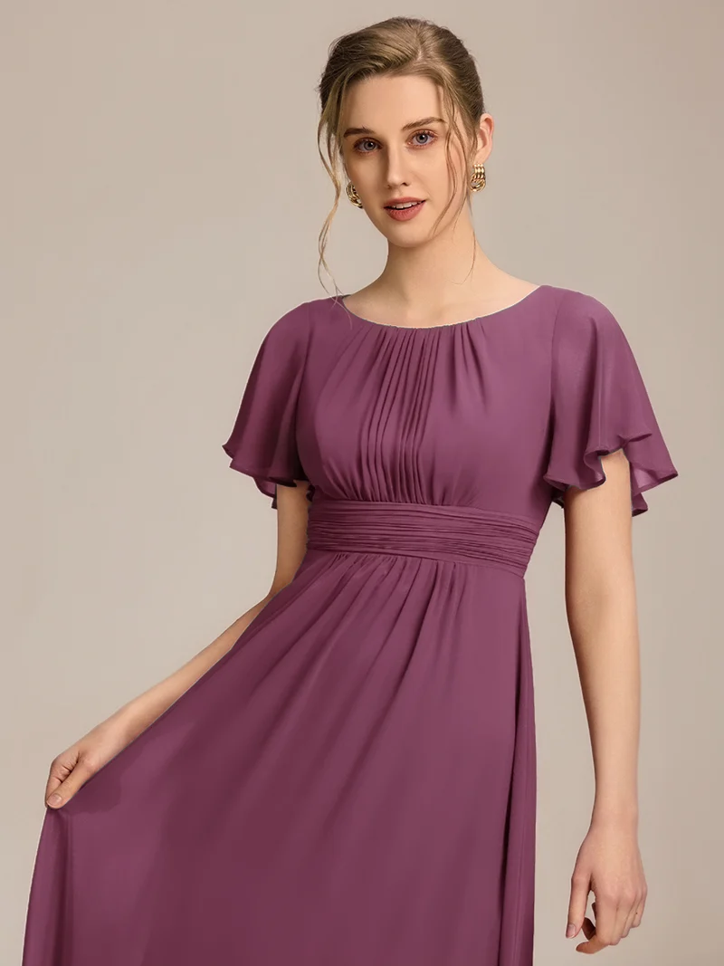 Robe de demoiselle d'honneur trapèze plissée en mousseline de soie simple, encolure ronde