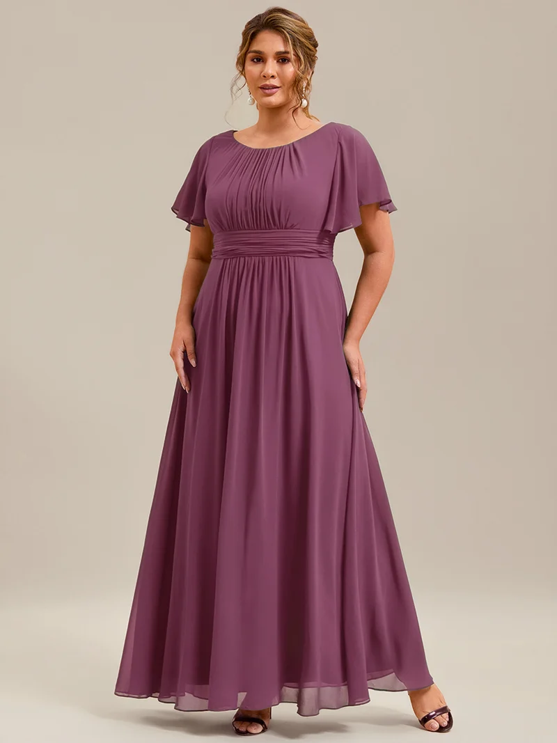 Robe de demoiselle d'honneur trapèze plissée en mousseline de soie simple, encolure ronde