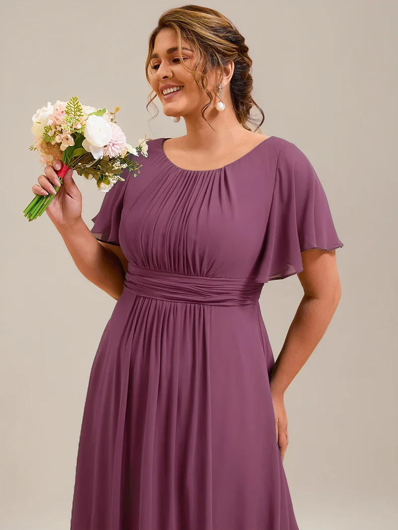 Robe de demoiselle d'honneur trapèze plissée en mousseline de soie simple, encolure ronde