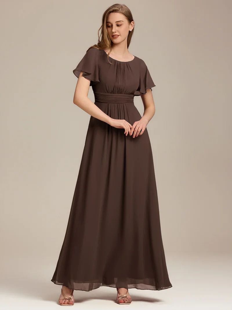 Robe de demoiselle d'honneur trapèze plissée en mousseline de soie simple, encolure ronde