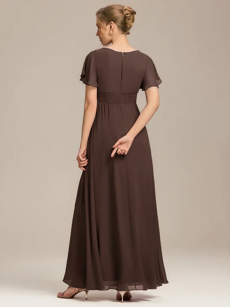 Robe de demoiselle d'honneur trapèze plissée en mousseline de soie simple, encolure ronde
