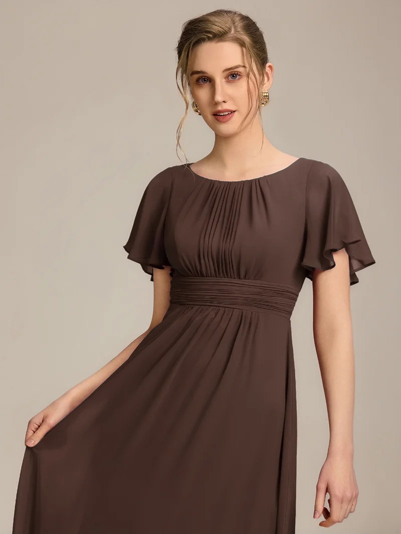 Robe de demoiselle d'honneur trapèze plissée en mousseline de soie simple, encolure ronde