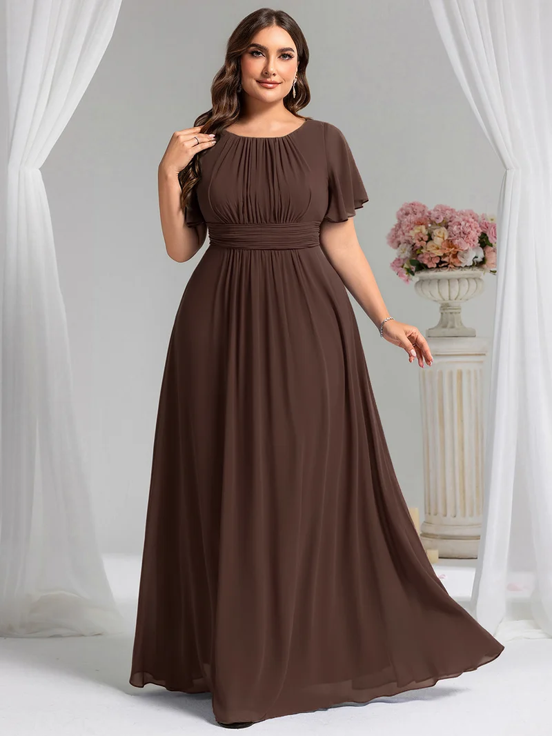 Robe de demoiselle d'honneur trapèze plissée en mousseline de soie simple, encolure ronde
