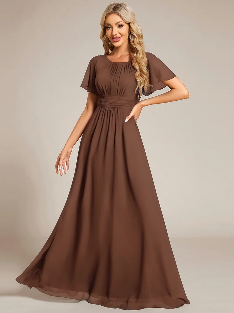 Robe de demoiselle d'honneur trapèze plissée en mousseline de soie simple, encolure ronde