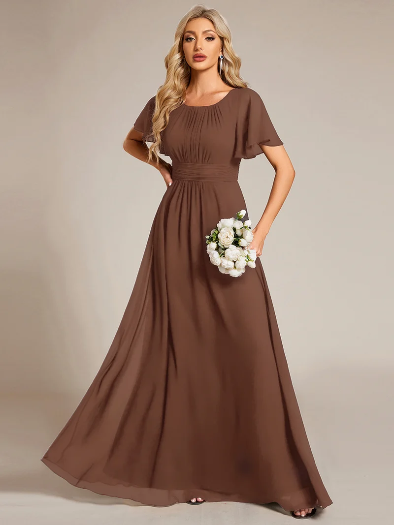 Robe de demoiselle d'honneur trapèze plissée en mousseline de soie simple, encolure ronde