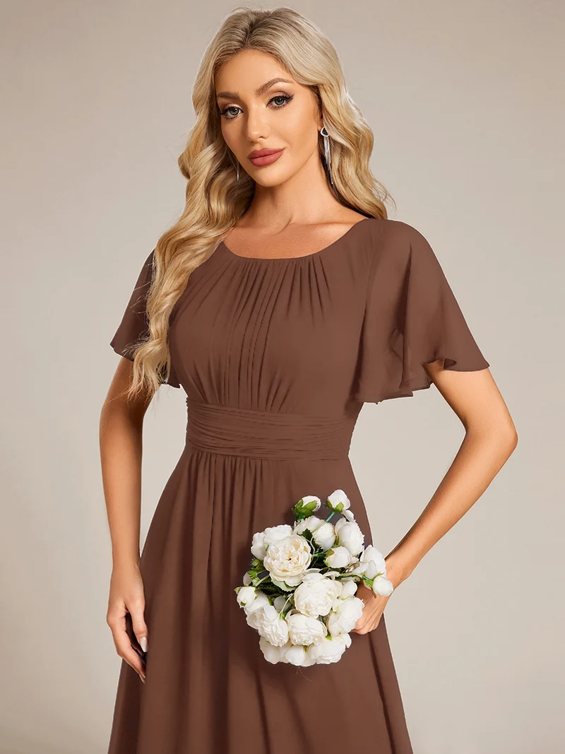Robe de demoiselle d'honneur trapèze plissée en mousseline de soie simple, encolure ronde