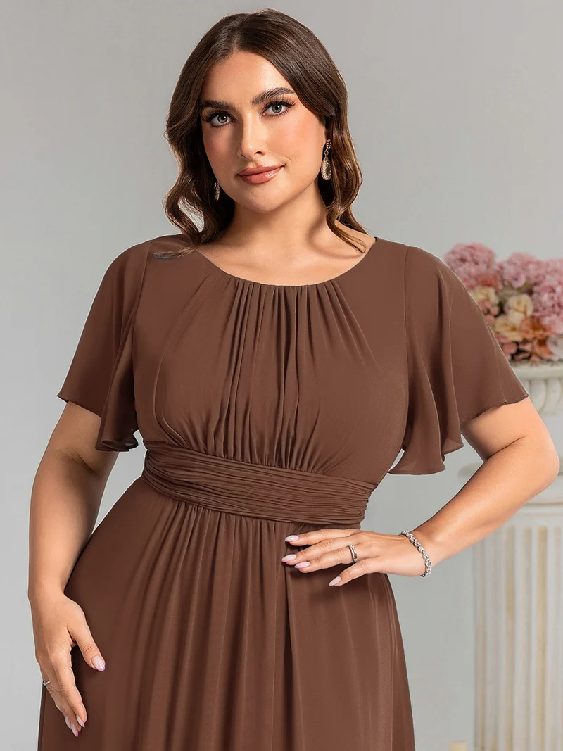 Robe de demoiselle d'honneur trapèze plissée en mousseline de soie simple, encolure ronde
