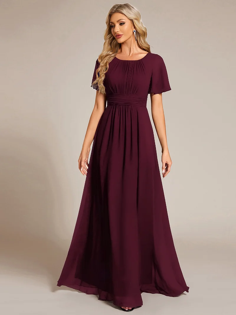 Robe de demoiselle d'honneur trapèze plissée en mousseline de soie simple, encolure ronde