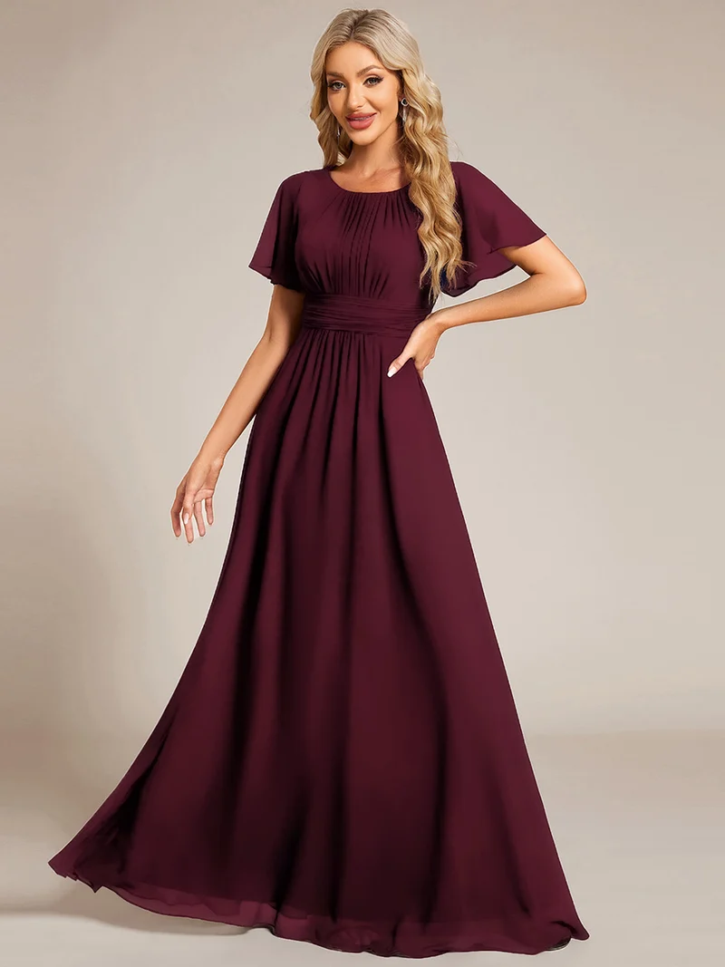 Robe de demoiselle d'honneur trapèze plissée en mousseline de soie simple, encolure ronde