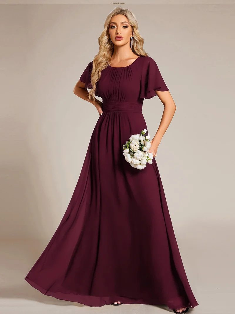 Robe de demoiselle d'honneur trapèze plissée en mousseline de soie simple, encolure ronde
