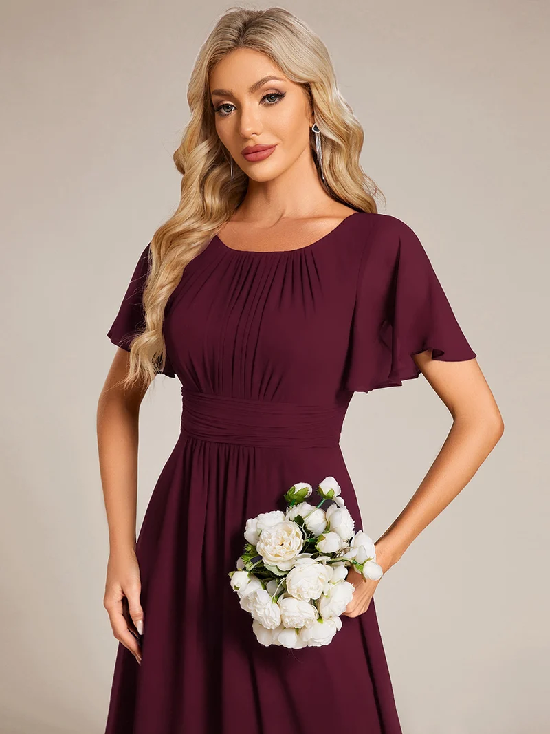Robe de demoiselle d'honneur trapèze plissée en mousseline de soie simple, encolure ronde