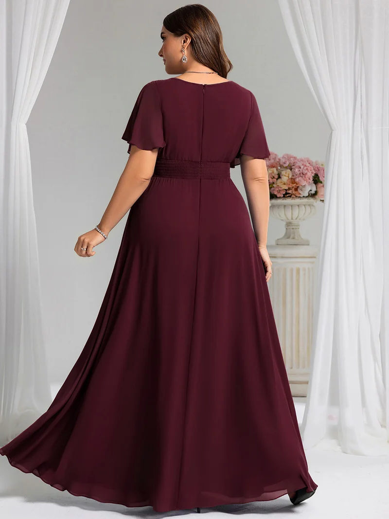 Robe de demoiselle d'honneur trapèze plissée en mousseline de soie simple, encolure ronde