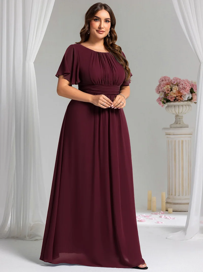 Robe de demoiselle d'honneur trapèze plissée en mousseline de soie simple, encolure ronde