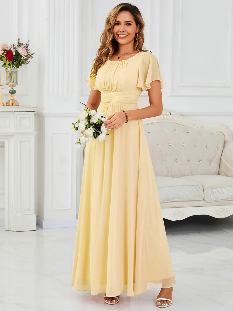 Robe de demoiselle d'honneur trapèze plissée en mousseline de soie simple, encolure ronde