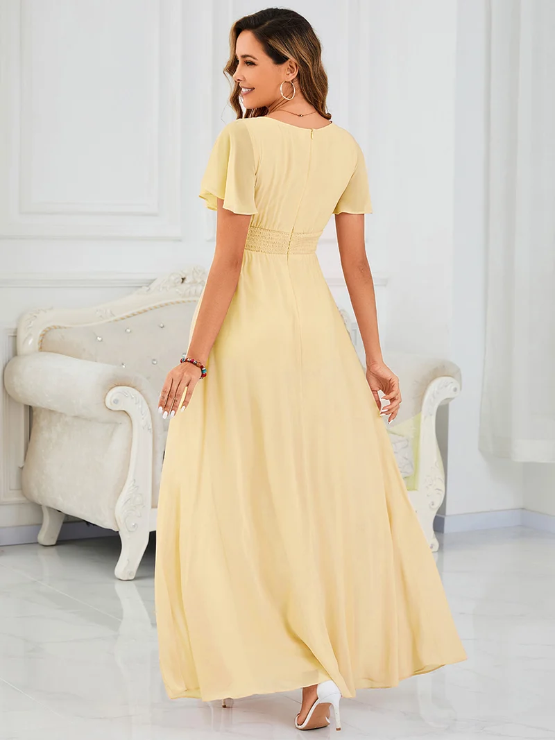 Robe de demoiselle d'honneur trapèze plissée en mousseline de soie simple, encolure ronde