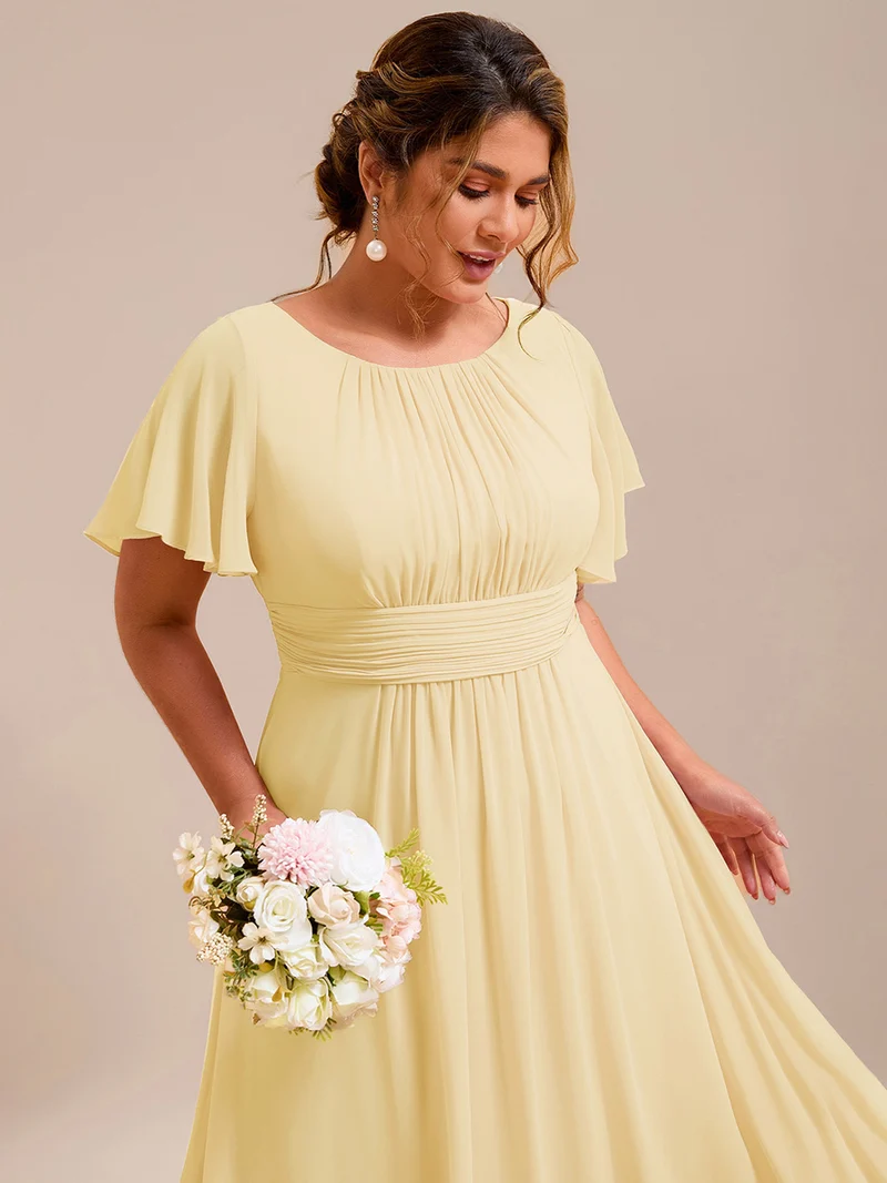 Robe de demoiselle d'honneur trapèze plissée en mousseline de soie simple, encolure ronde