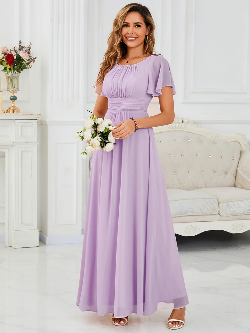 Robe de demoiselle d'honneur trapèze plissée en mousseline de soie simple, encolure ronde
