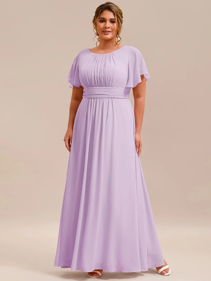 Robe de demoiselle d'honneur trapèze plissée en mousseline de soie simple, encolure ronde