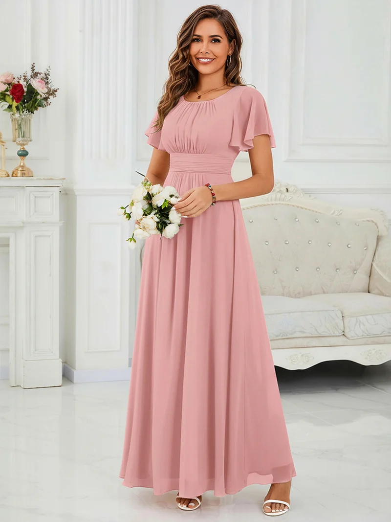 Robe de demoiselle d'honneur trapèze plissée en mousseline de soie simple, encolure ronde