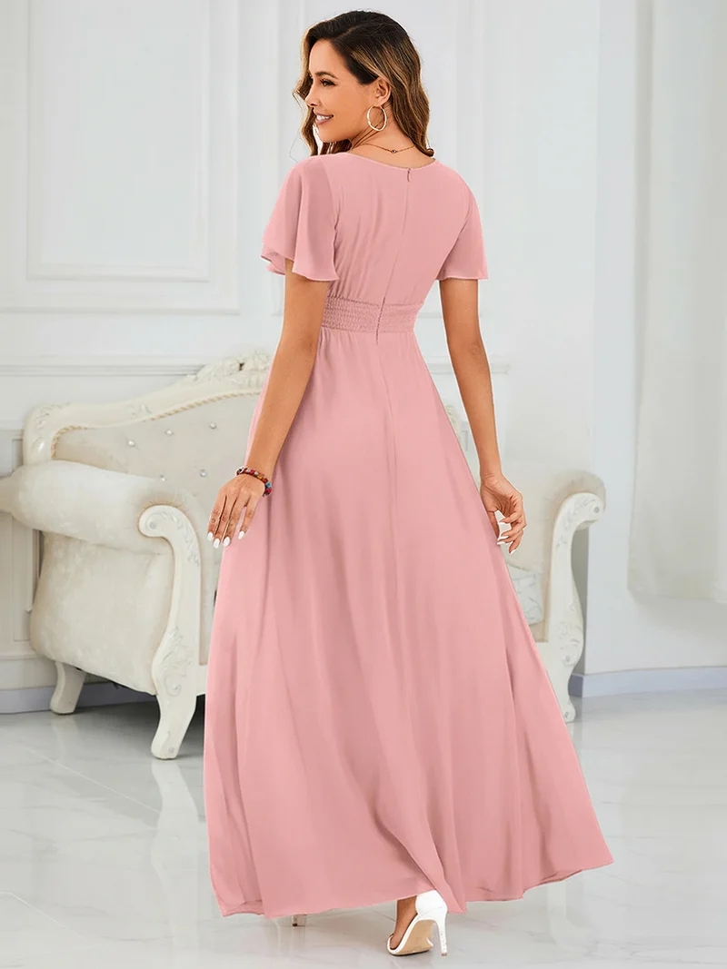 Robe de demoiselle d'honneur trapèze plissée en mousseline de soie simple, encolure ronde