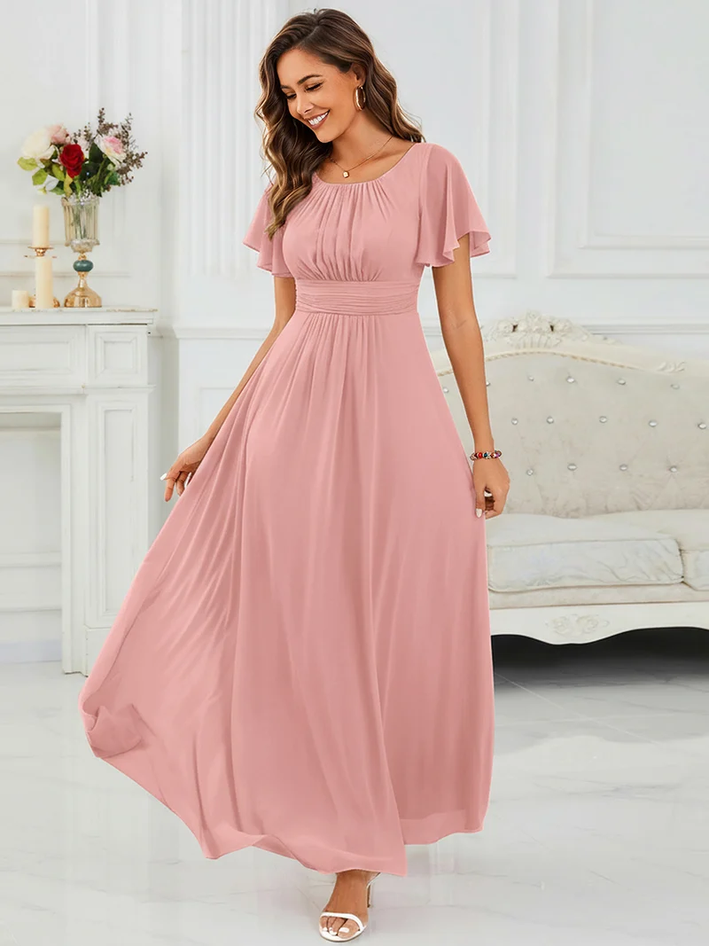 Robe de demoiselle d'honneur trapèze plissée en mousseline de soie simple, encolure ronde