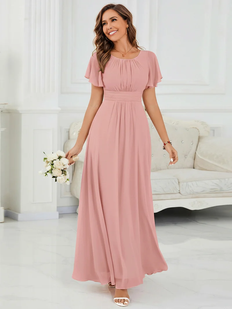 Robe de demoiselle d'honneur trapèze plissée en mousseline de soie simple, encolure ronde