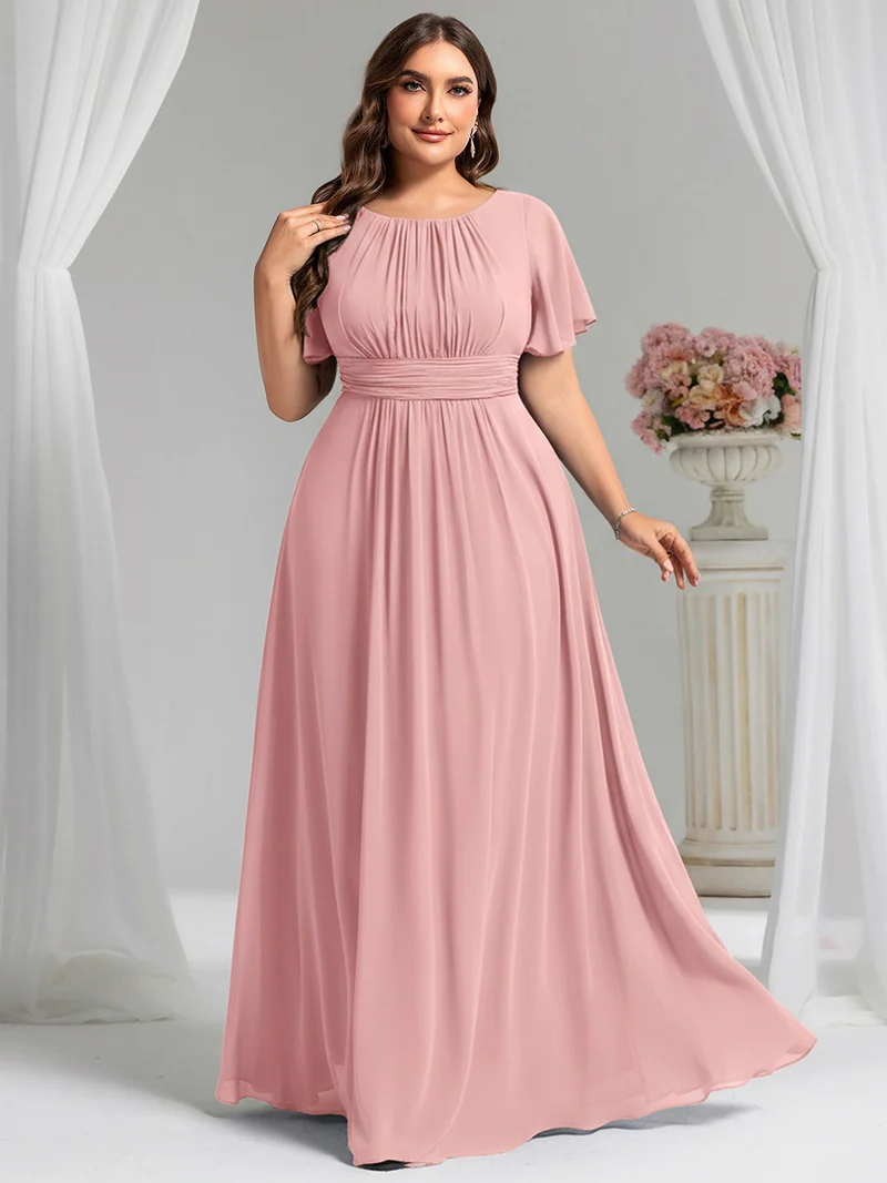 Robe de demoiselle d'honneur trapèze plissée en mousseline de soie simple, encolure ronde