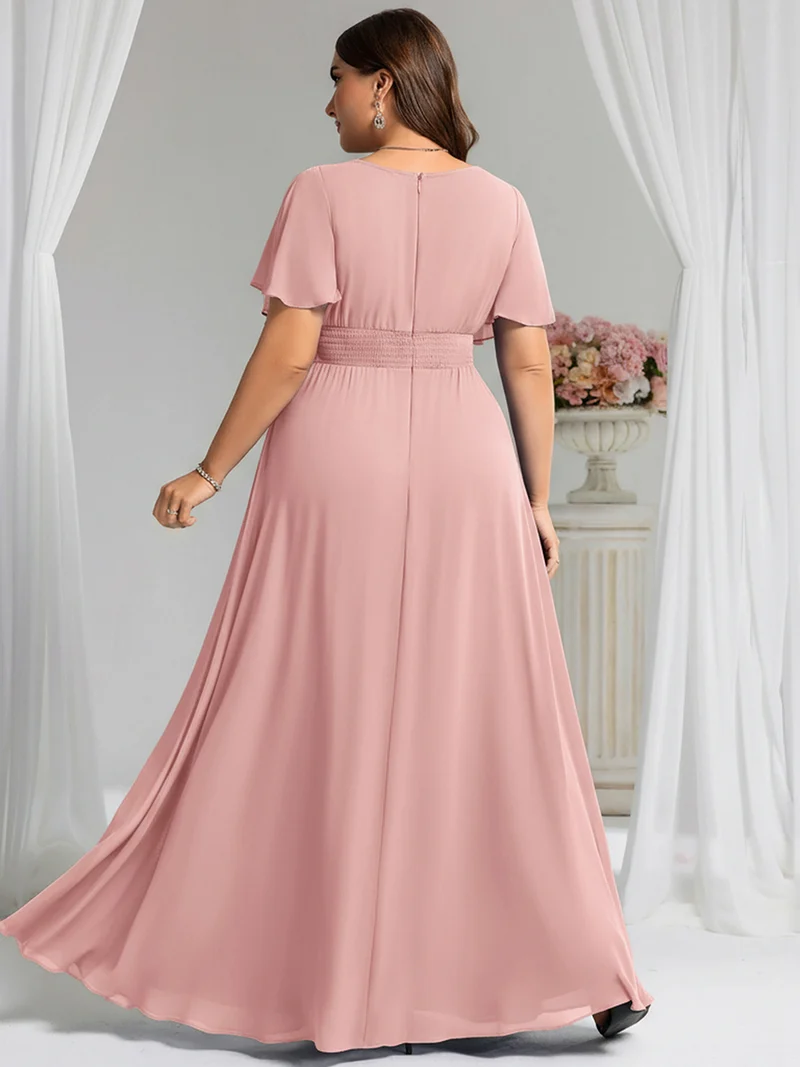 Robe de demoiselle d'honneur trapèze plissée en mousseline de soie simple, encolure ronde