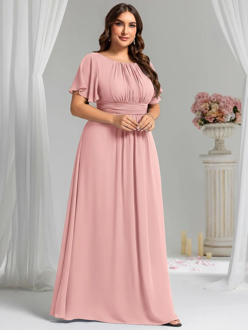 Robe de demoiselle d'honneur trapèze plissée en mousseline de soie simple, encolure ronde